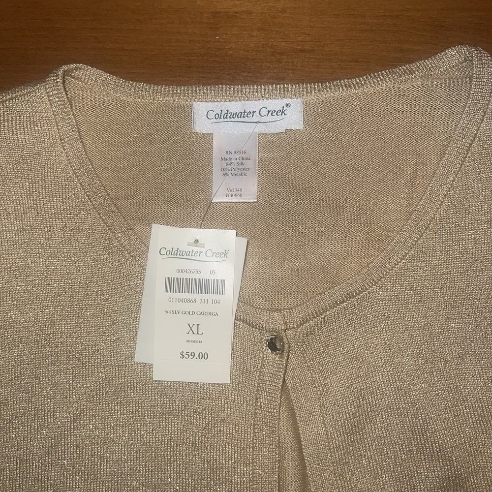 NEW Coldwater Creek GOLD Silk Blend Women's Cardigan 3/4 Sleeve Size XL